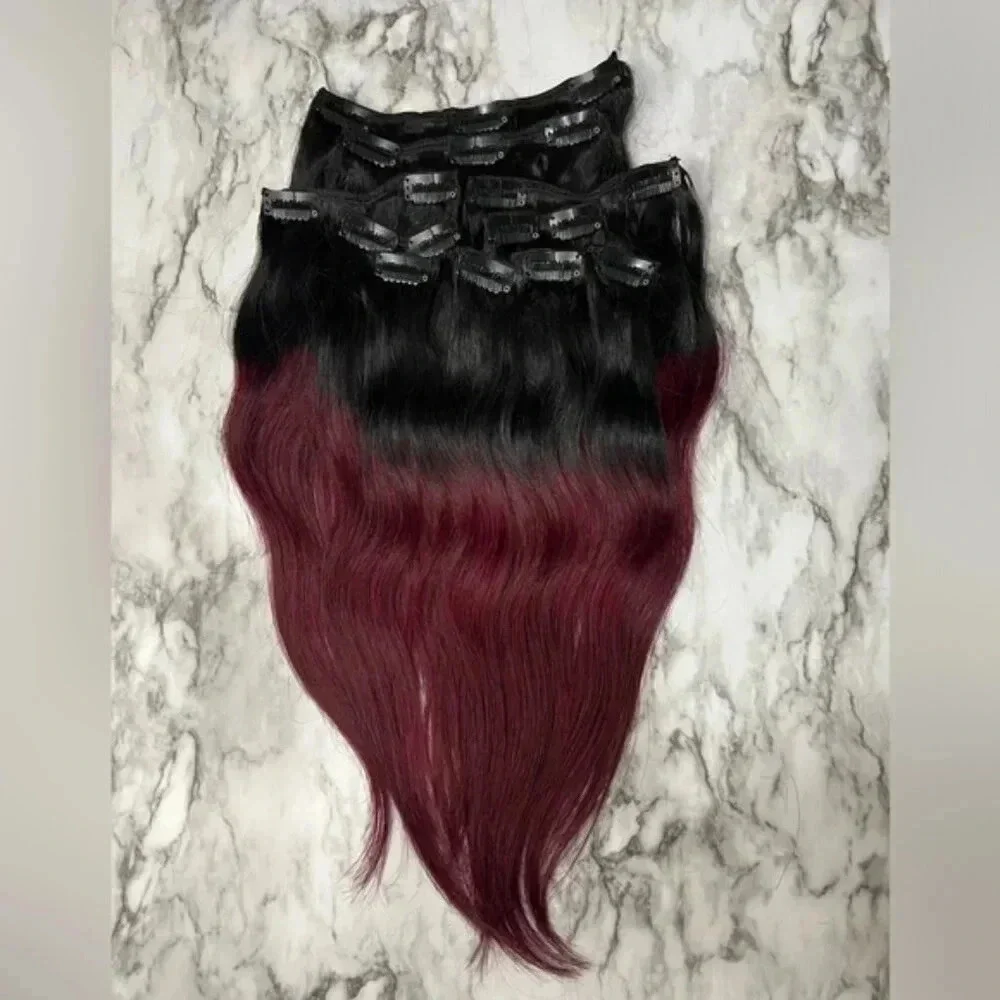14 In Clip In 100% Human hair Balayage Black with Red Burgundy Straight …